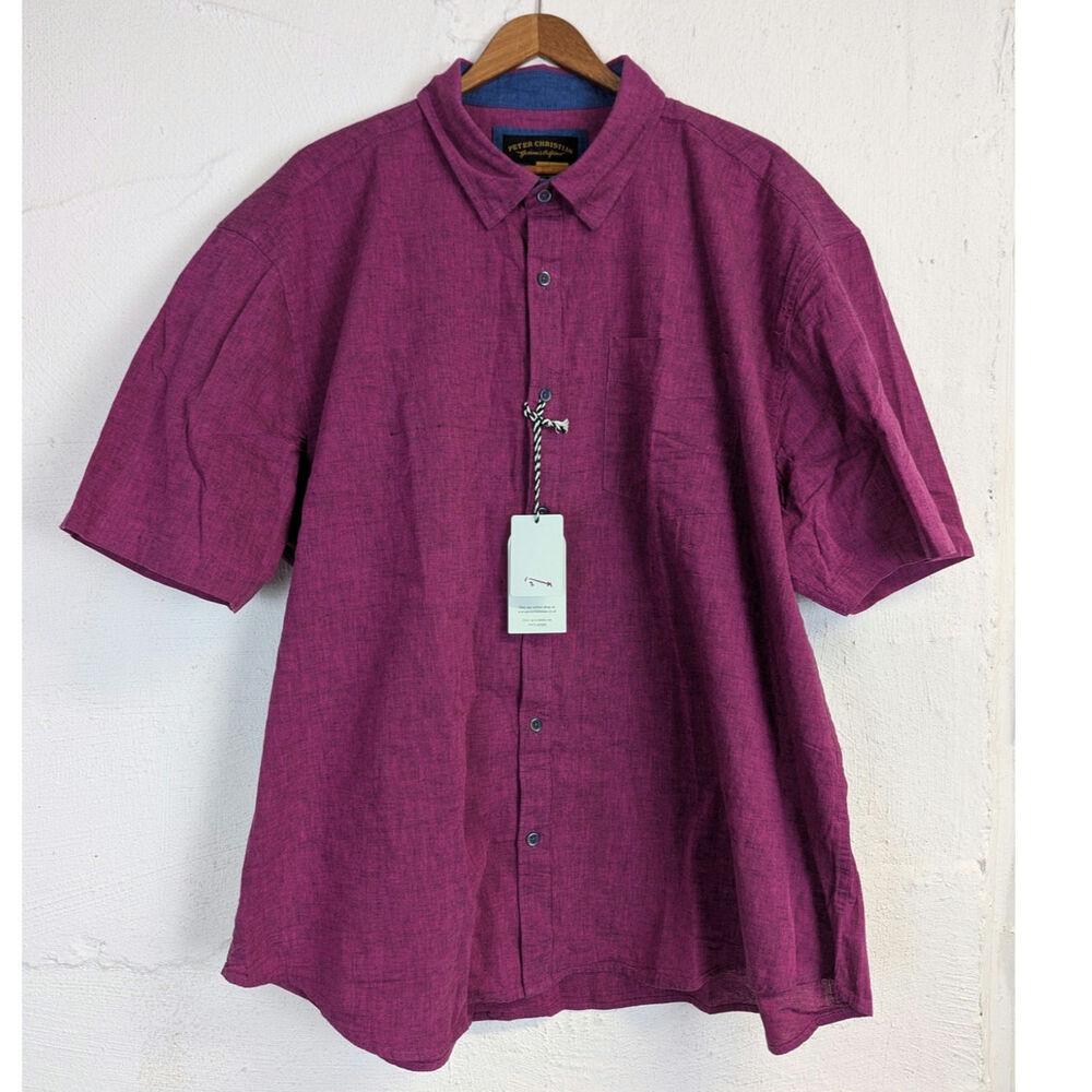 Peter Christian Button Down Shirt Purple Short Sleeve Linen Cotton XXL NWT